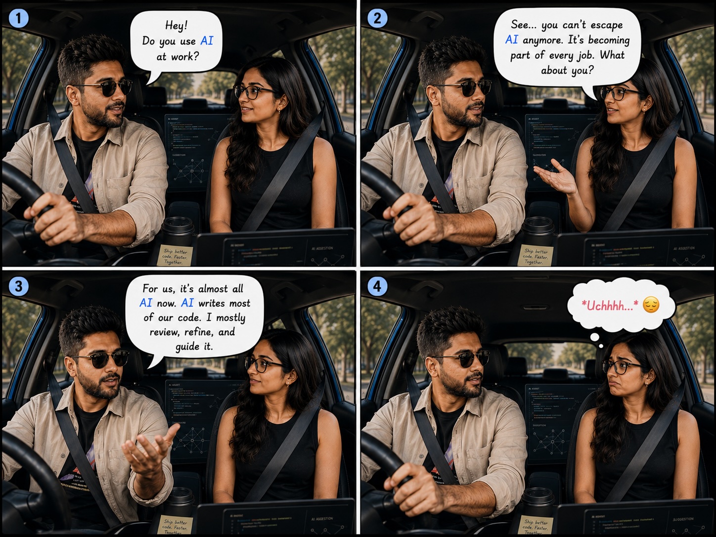 Comic strip of a commute conversation about how AI is changing work